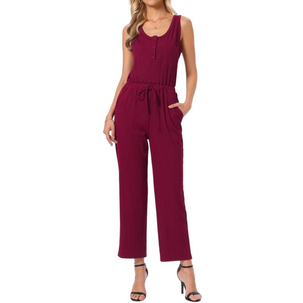 Women Sleeveless Romper Wide Leg Pants Knit Outfits Jumpsuits Wine Red